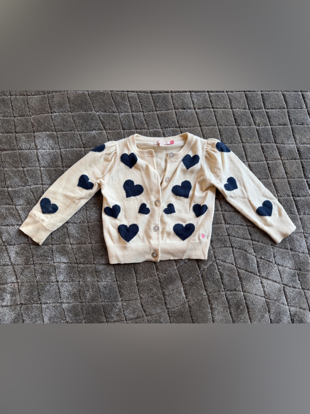 Pink Chicken Cream Cardigan with Navy Heart Pattern